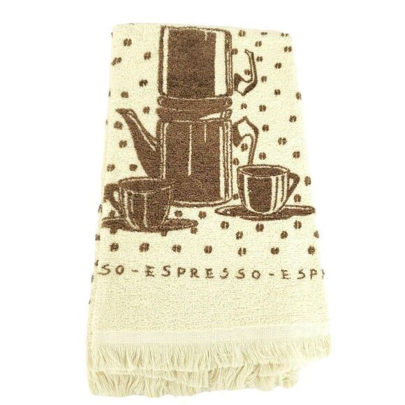 Vintage 1980 Kitchen Hand Towel Coffee Espresso Tan Brown Fringe New - Picture 1 of 3